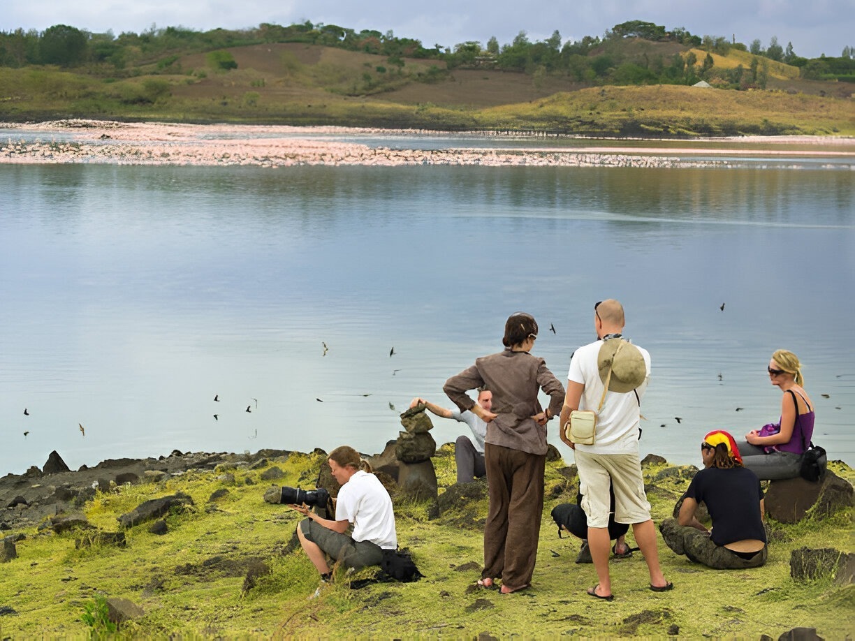 Safari guide examining animal tracks during a walking safari