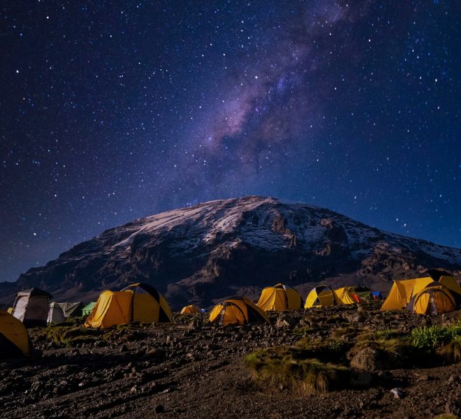 Beautiful scenery of yellow tents in the Kilimanjaro National Park