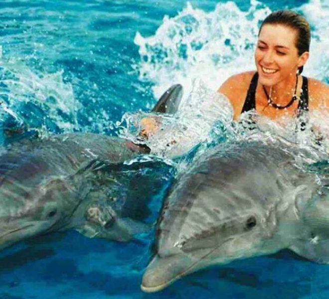 a woman swimming with dolphins zanzibar beach escape